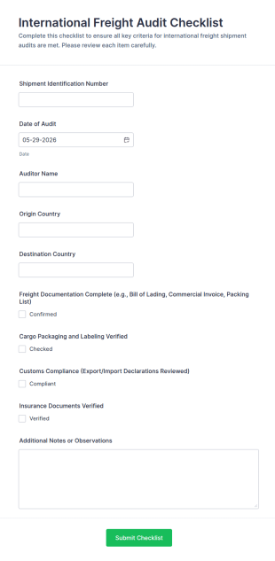 International Freight Audit Checklist Form Template
