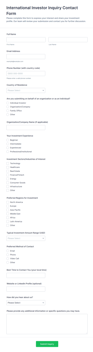 International Investor Inquiry Contact Form Template