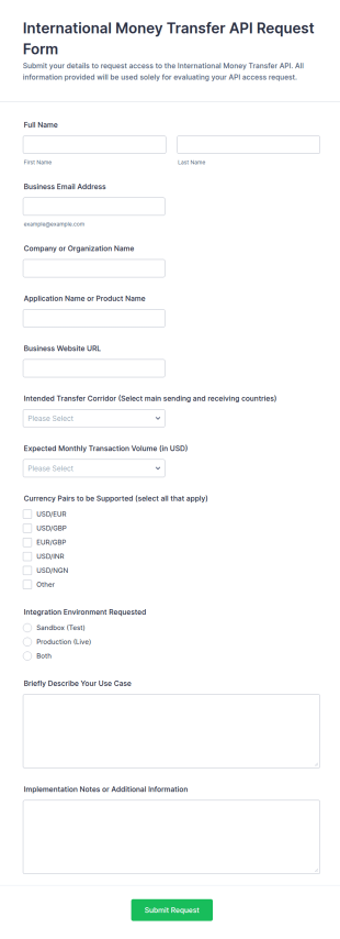 International Money Transfer API Request Form Template