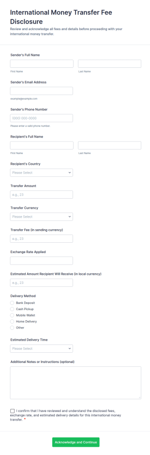 International Money Transfer Fee Disclosure Form Template