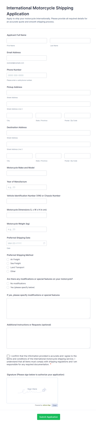 International Motorcycle Shipping Application Form Template