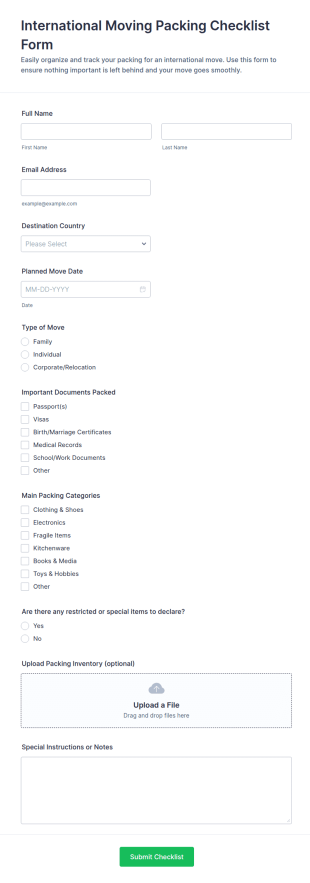 International Moving Packing Checklist Form Template