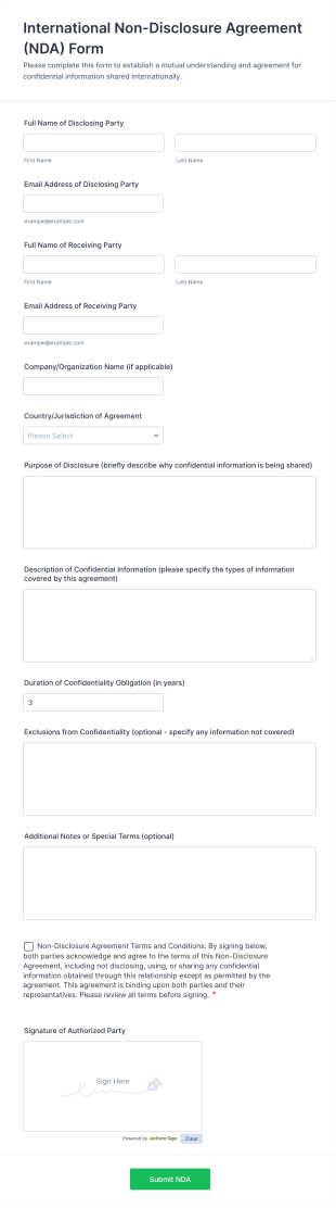 International Non Disclosure Agreement (NDA) Form Template