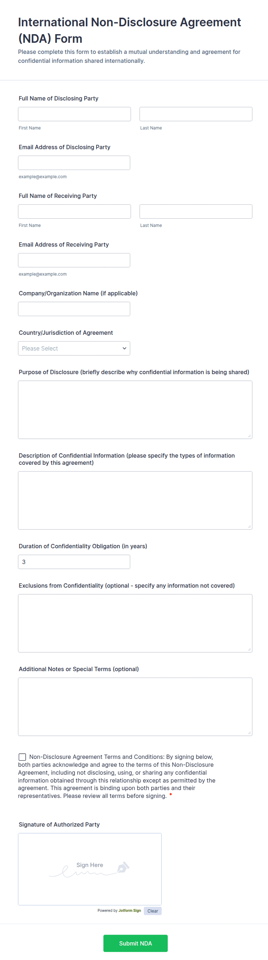 International NonDisclosure Agreement (NDA) Form Template Jotform