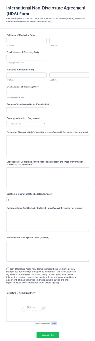 International Non Disclosure Agreement (NDA) Form Template