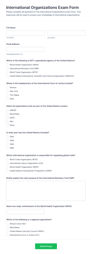 International Organizations Exam Form Template