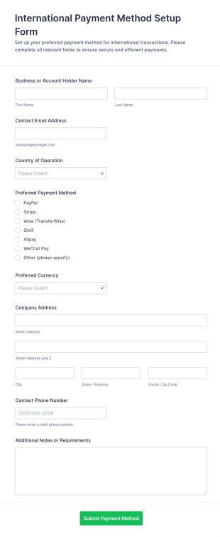 International Payment Method Setup Form Template