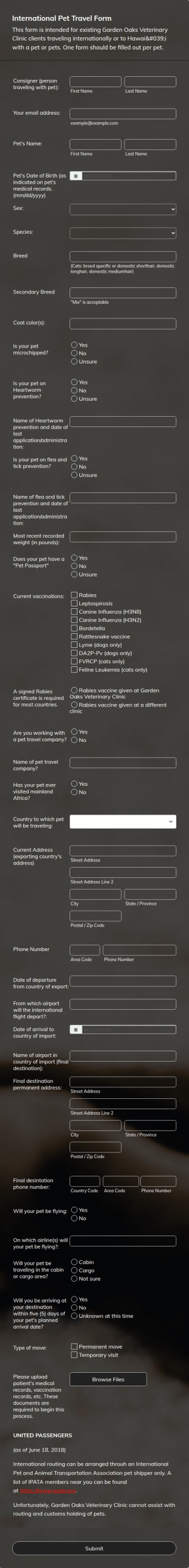 International Pet Travel Form Template