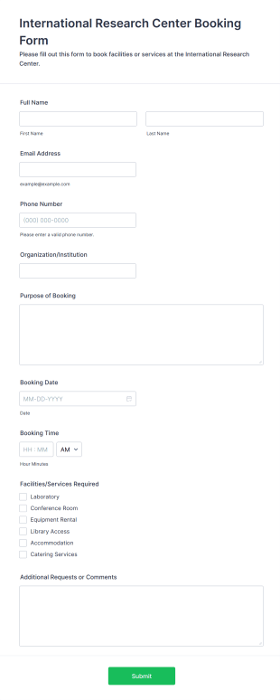 International Research Center Booking Form Template