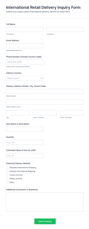 International Retail Delivery Inquiry Form Template