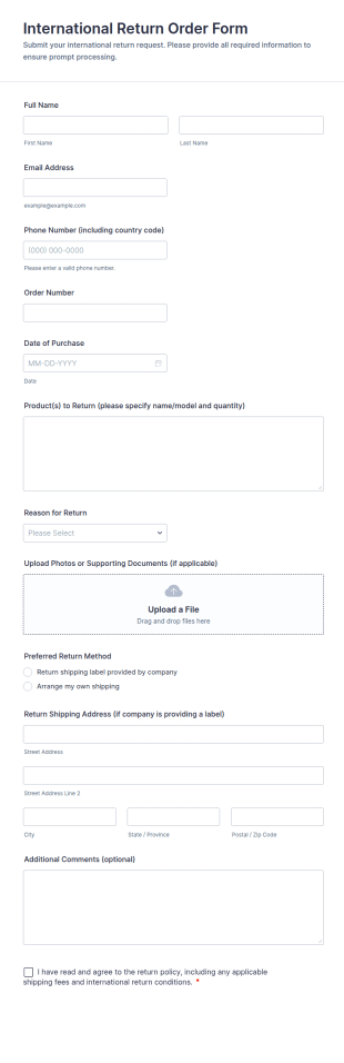 International Return Order Form Template