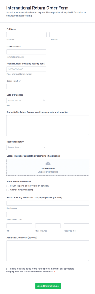 International Return Order Form Template