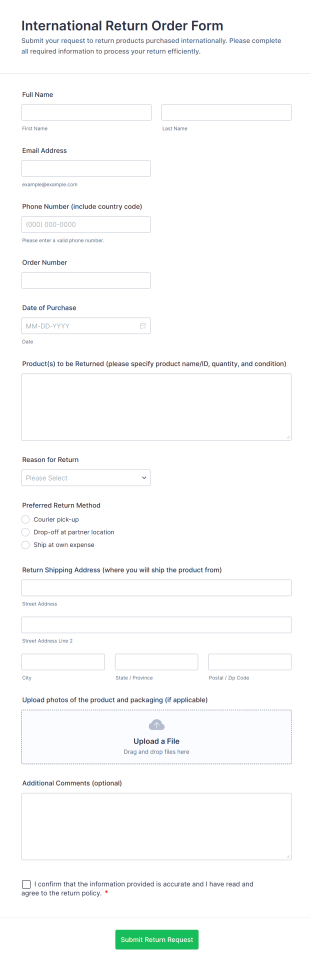 International Return Order Form Template