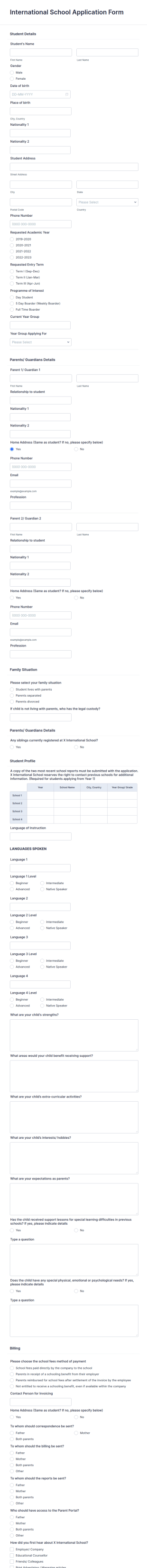 International School Application Form Template