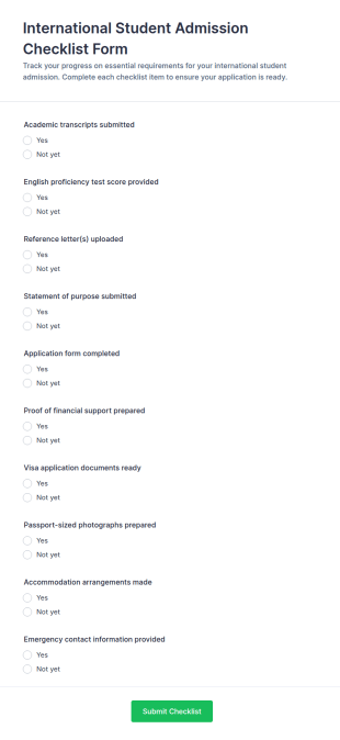 International Student Admission Checklist Form Template