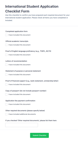 International Student Application Checklist Form Template
