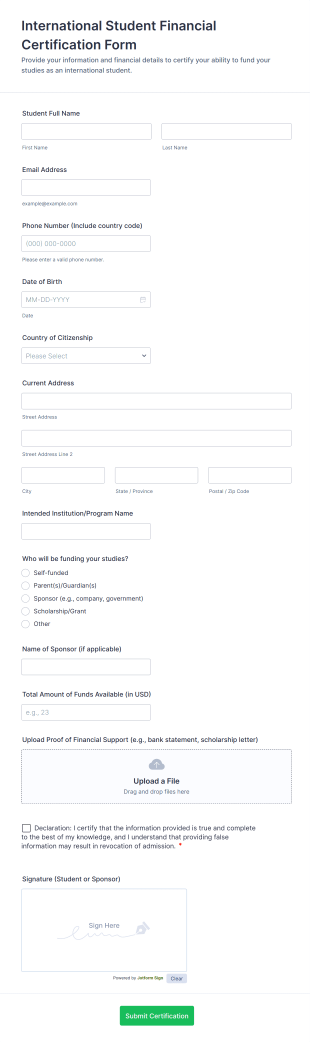 International Student Financial Certification Form Template