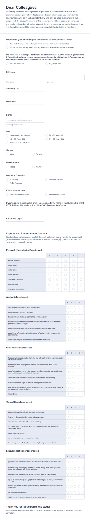 International Student Satisfaction Survey Form Template