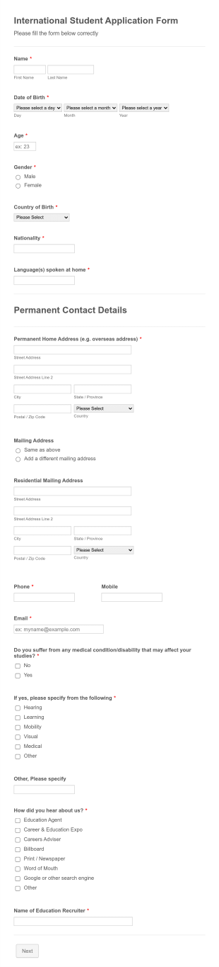International Student Information Sheet Form Template