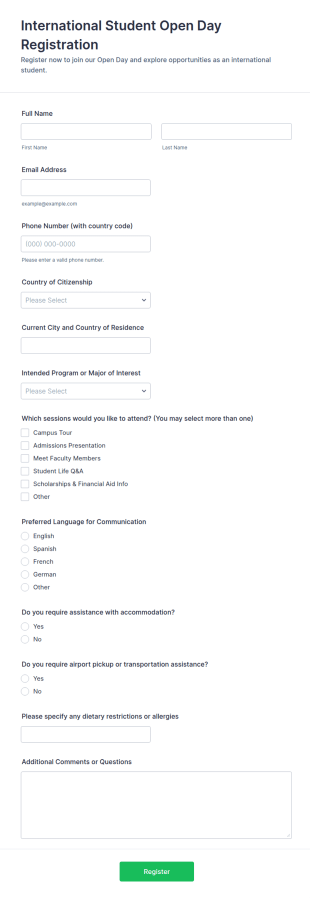 International Student Open Day Registration Form Template