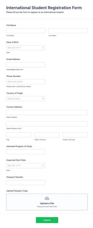 International Student Registration Form Template