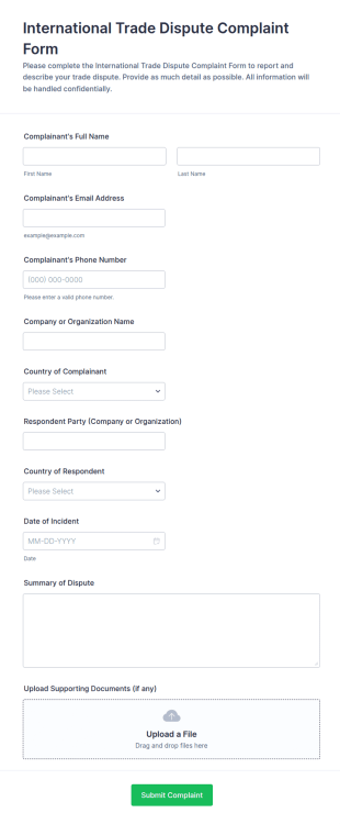 International Trade Dispute Complaint Form Template