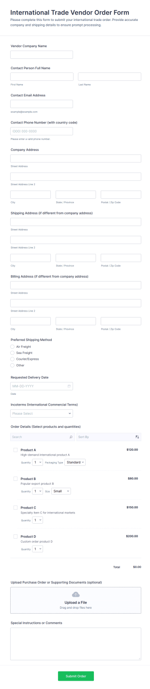 International Trade Vendor Order Form Template