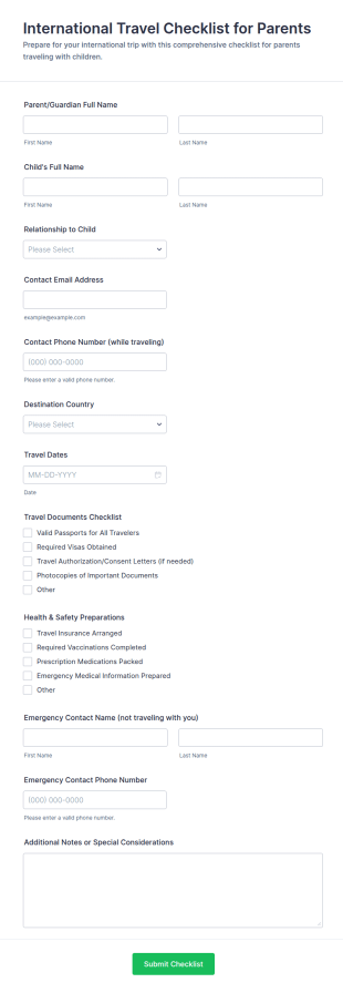 International Travel Checklist For Parents Form Template