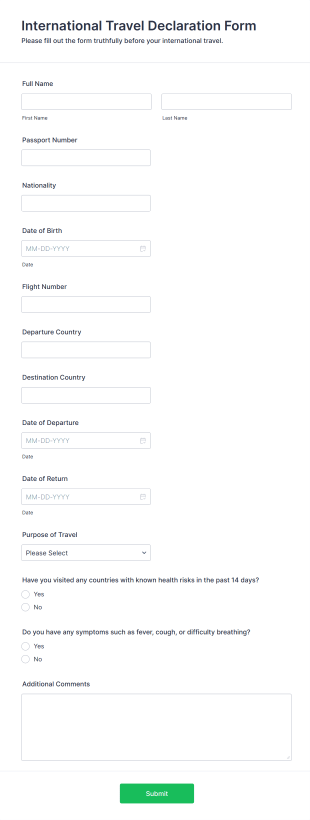 International Travel Declaration Form Template