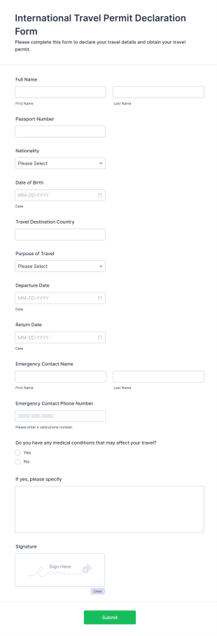 International Travel Permit Declaration Form Template