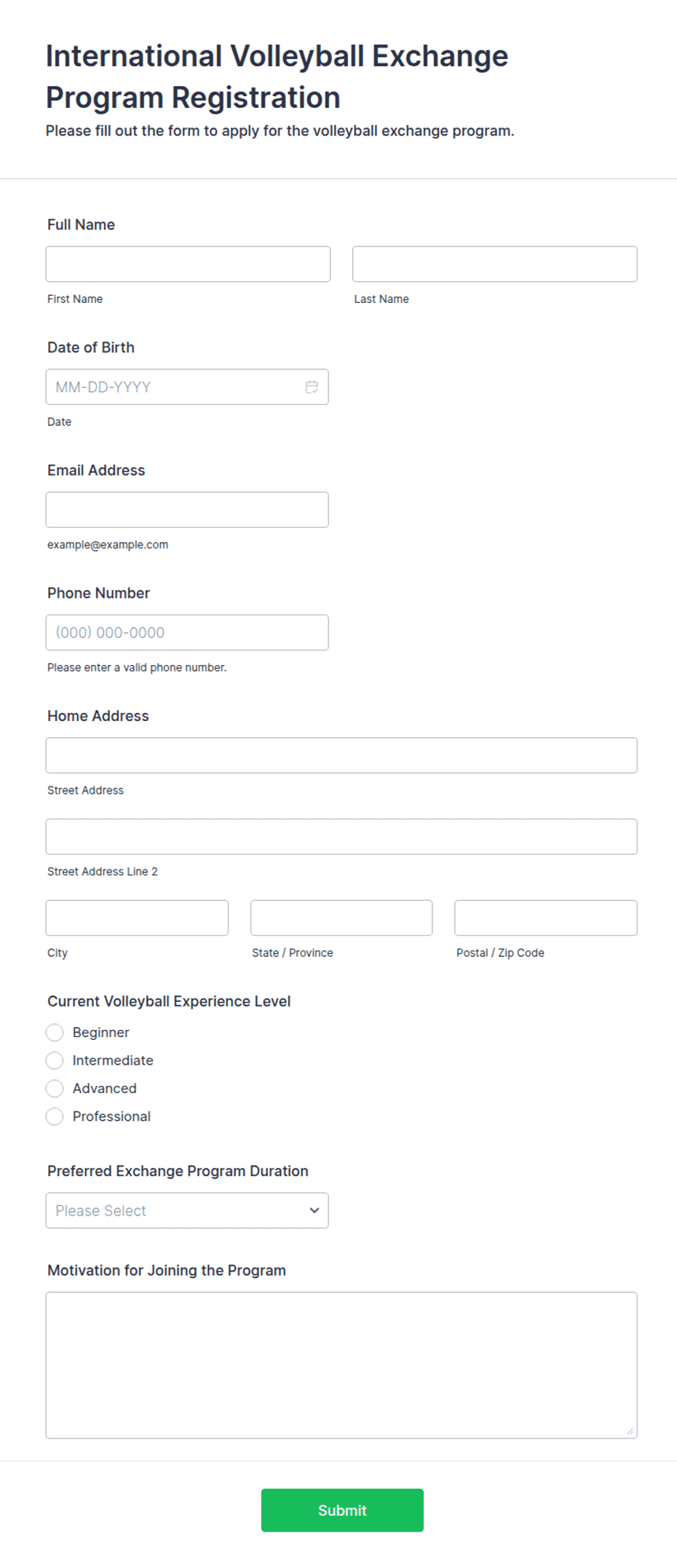 International Volleyball Exchange Program Registration Form Template ...