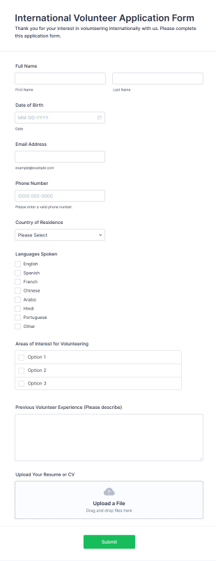 International Volunteer Application Form Form Template