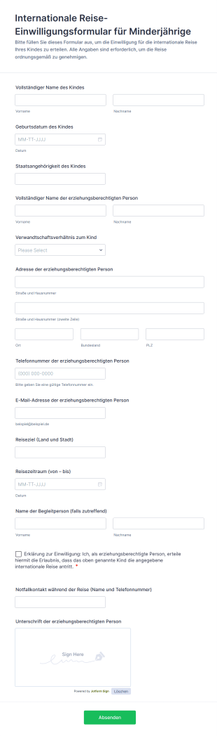 Einwilligungsformular Für Internationale Reisen Minderjähriger