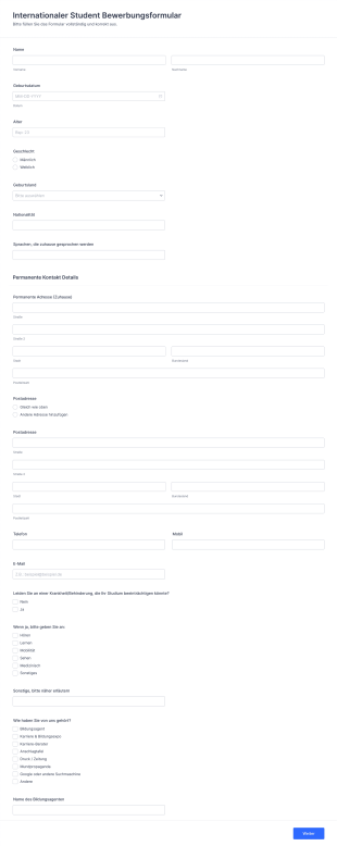 Internationaler Student Bewerbungsformular Form Template