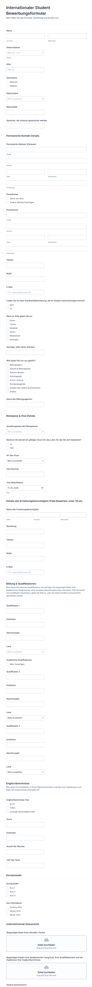 Internationaler Student Bewerbungsformular