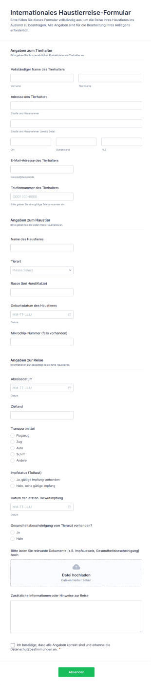 Internationales Haustierreise Formular