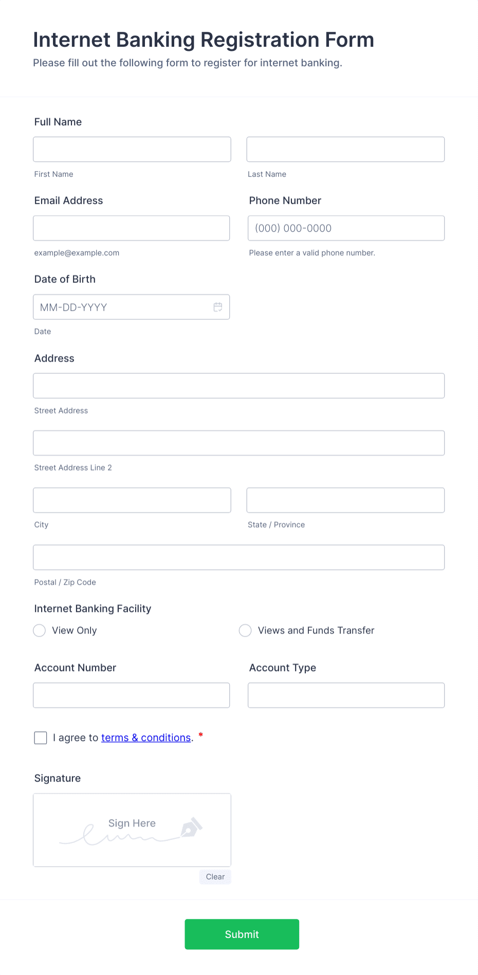 Internet Banking Registration Form Template | Jotform