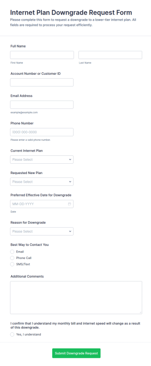 Internet Plan Downgrade Request Form Template