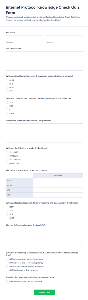 Internet Protocol Knowledge Check Quiz Form Template