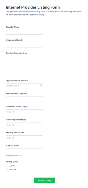 Internet Provider Listing Form Template