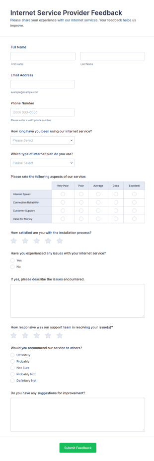 Internet Service Provider Feedback Form Template