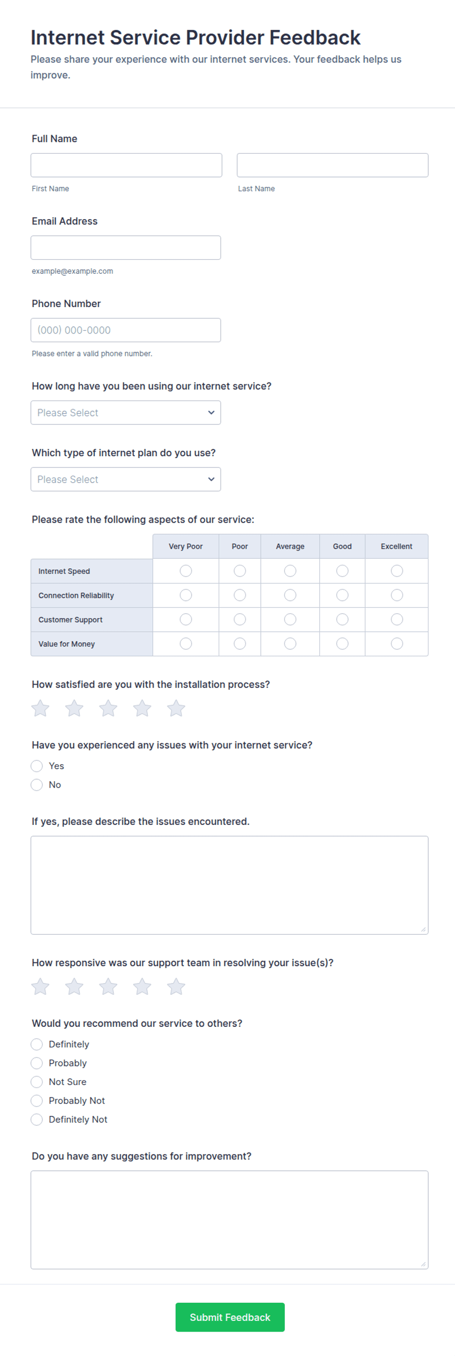 Server Review Form Internet Service Provider Feedback Form Template | Jotform