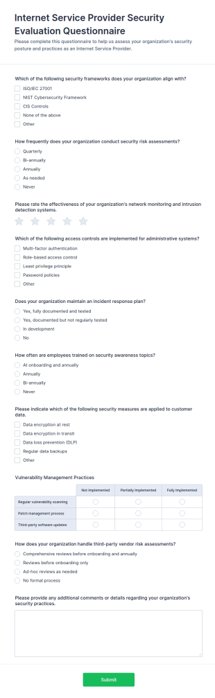 Internet Service Provider Security Evaluation Questionnaire Form Template