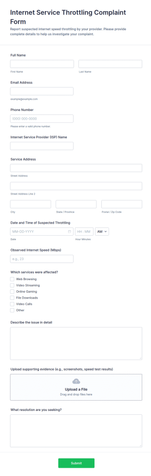 Internet Service Throttling Complaint Form Template