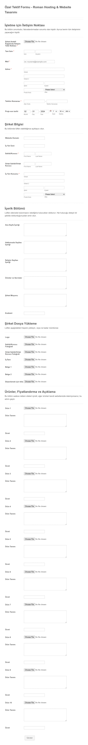 İnternet Sitesi Tasarım Form Şablonu