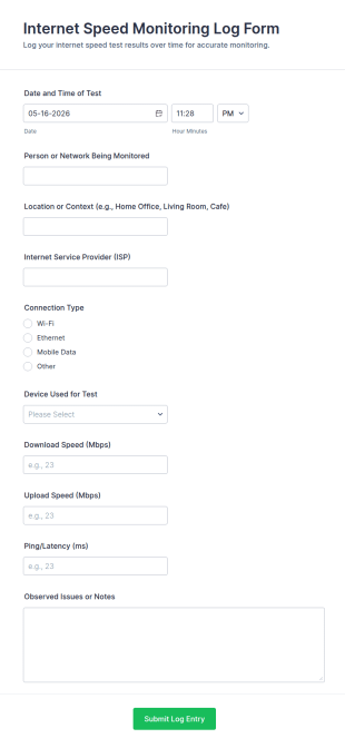 Internet Speed Monitoring Log Form Template