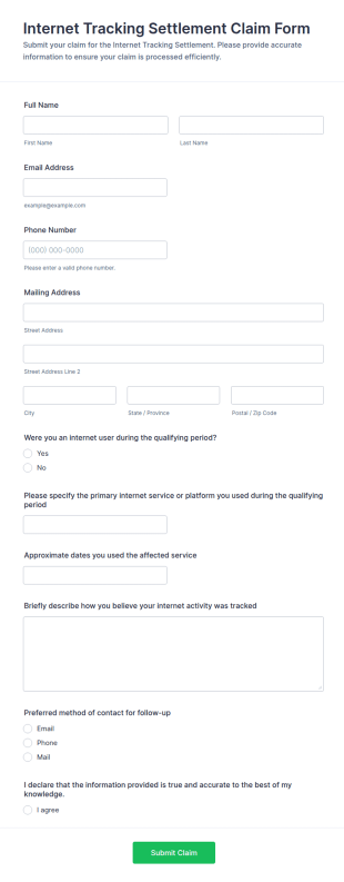 Internet Tracking Settlement Claim Form Template