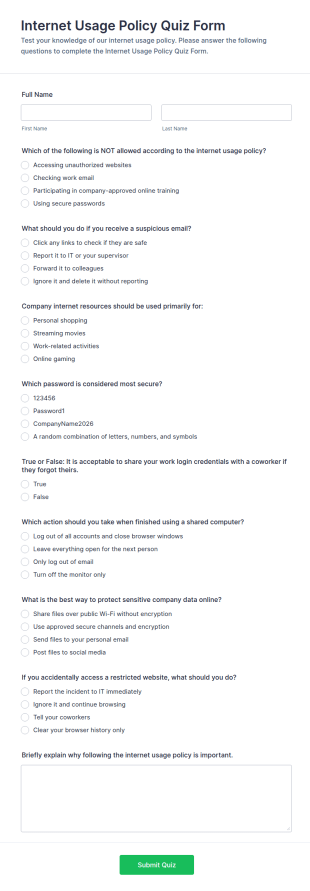 Internet Usage Policy Quiz Form Template
