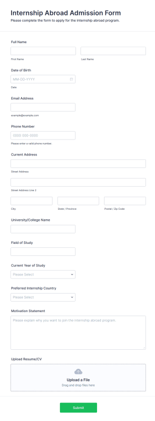 Internship Abroad Admission Form Form Template