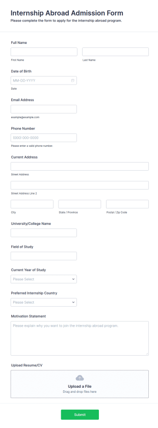 Internship Abroad Admission Form Template